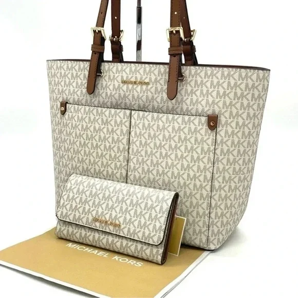 Michael Kors Medium Double Packet Tote Bag & Trifold Wallet Vanilla/Brown